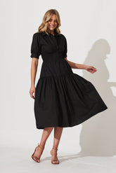 Black Cotton Midi Shirt Dress: Fairfax Style